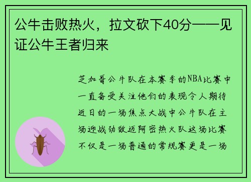 公牛击败热火，拉文砍下40分——见证公牛王者归来